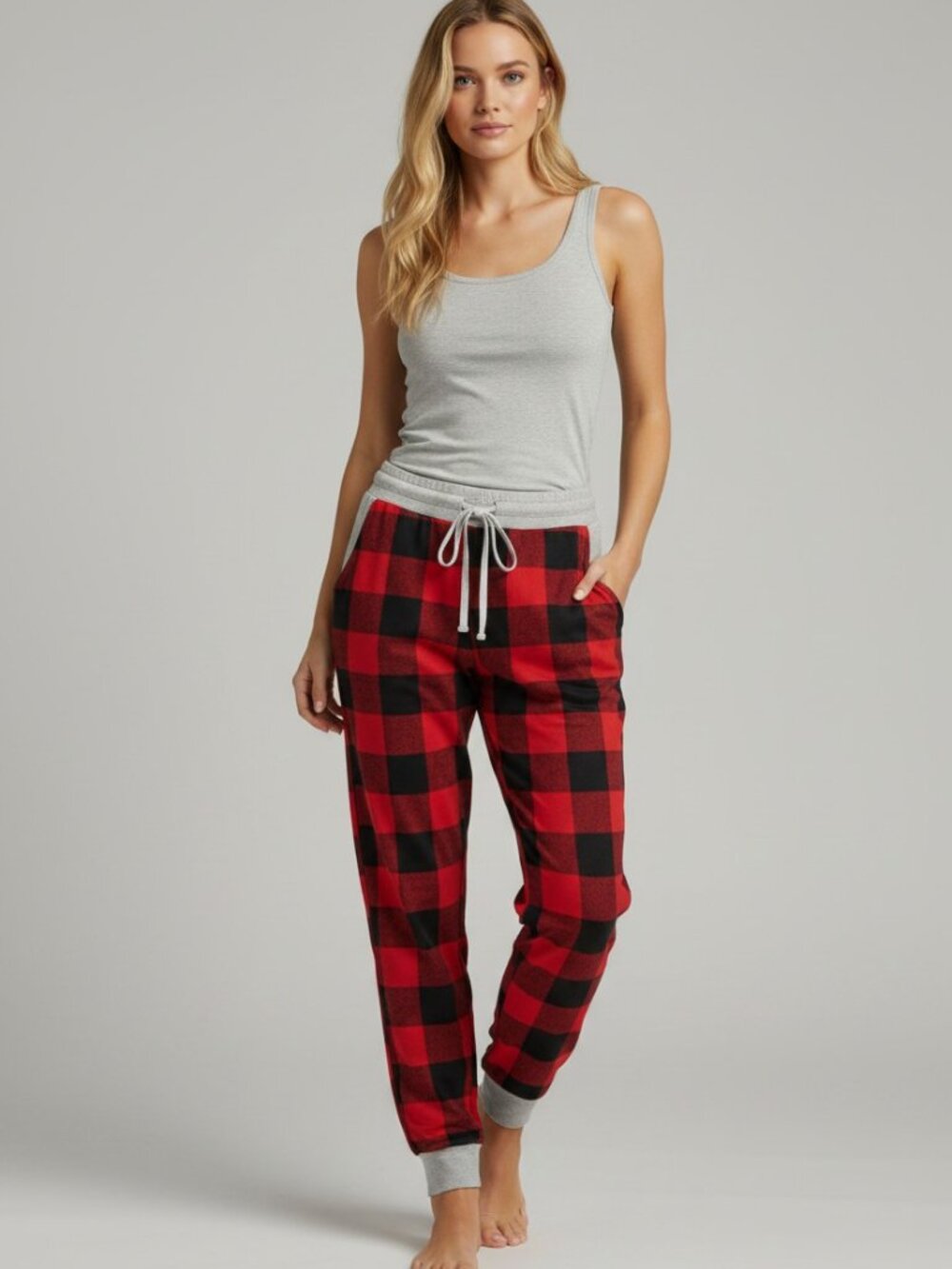 Red Black Buffalo Plaid Cozy Pajama Jogger Sleepwear Pants OS